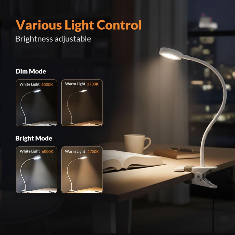 LEPOWER Clip on Light/Reading Lights/Book Light Color Changeable/Night Lights Clip on for Desk, Bed Headboard and Computers, Adapter Included (White) - Image 2